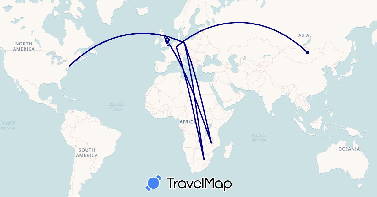 TravelMap itinerary: driving in Germany, United Kingdom, Mongolia, Malawi, United States, South Africa (Africa, Asia, Europe, North America)